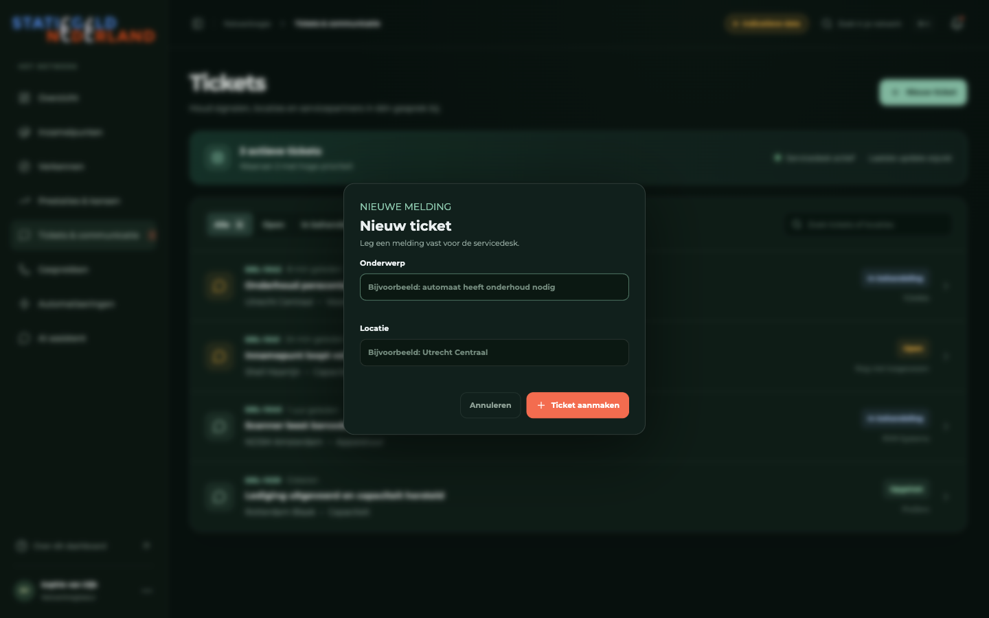 Het venster Nieuw ticket